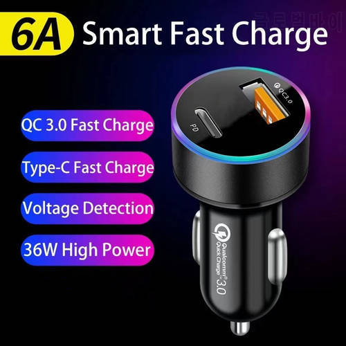 36W USB Car Charger 6A Type C PD QC 3.0 Fast Charging Phone Adapter for iPhone 13 12 11 Pro Max 8 Xiaomi Samsung S21 S20 S10 S9
