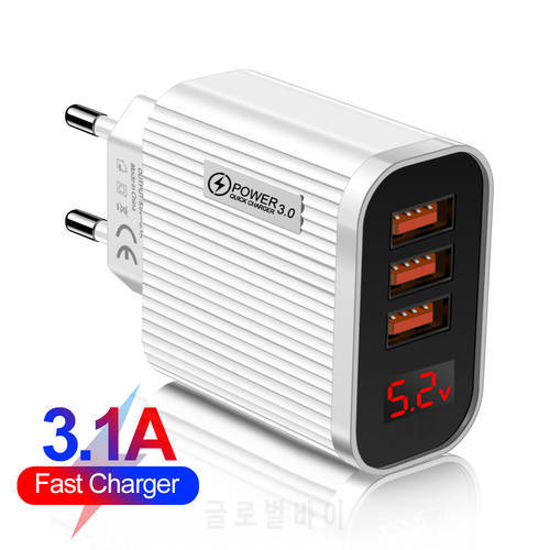 3 Ports USB Charger Quick Charge 3.0 With LED Digital Display Wall Charger For iPhone Xiaomi Fast Charging Mobile Phone Chargers
