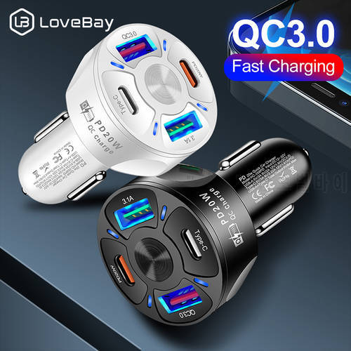 Lovebay 4 Ports USB Car Charger PD 20W 3.1A QC3.0 Fast Charging For iPhone 13 Samsung Xiaomi Phone Tablet Charger Adapter in Car