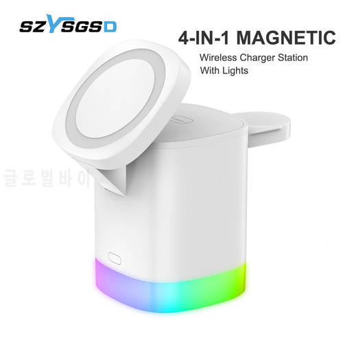 4 in 1 Magnetic Wireless Charger With LED Light Dock Station For iPhone 13 12 Mini 11 Pro Max X 8 for Apple Watch 7 6 AirPods 2