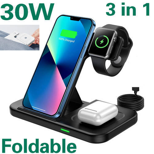 30W Qi Fast Wireless Charger Stand For iPhone 11 12 13 Apple Watch 3 in 1 Foldable Charging Dock Station for Airpods Pro iWatch
