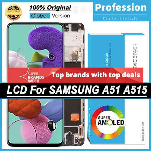 100% Original 6.5&39&39 AMOLED Display for Samsung Galaxy A51 A515 A515F A515F Full LCD Touch Screen Repair Parts + Service Pack