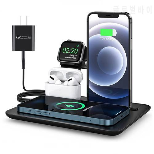 15W Qi Wireless Charger Stand For Airpods Pro 3 2 1 Apple Watch 4 IN 1 Fast Charging Station For Iphone 11 12 Samsung S21 Xiaomi