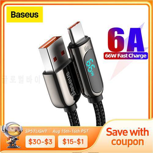 Baseus 66W USB Cable 6A Fast Charging Charger Wire Cord For Huawei P40 LED Data USB C Phone Cable For Xiaomi Mi 10 Samsung S2