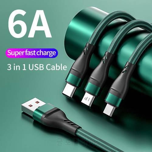 6A 3 in 1 Cable Type-C/Micro USB/iOS Fast Charger Micro USB Type-C Cable Data Cable for iPhone Xiaomi Huawei