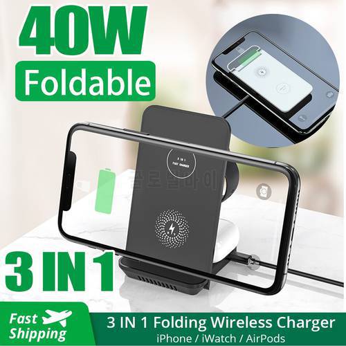 3 in 1 40W Qi Fast Wireless Charger Stand For iPhone 13 12 X 8 Apple Watch Foldable Charging Dock Station for Airpods Pro iWatch