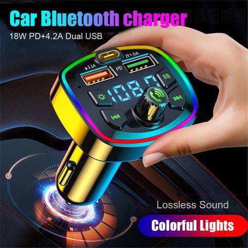PD 18W 4.2A Dual USB Type-C Car Charger Bluetooth 5.0 FM Transmitter Handsfree Music Atmosphere Light Mp3 Player U Disk TF Card