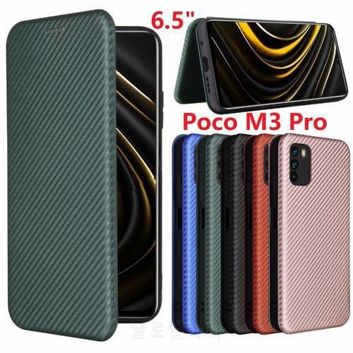 Carbon Fiber For Xiaomi Poco M3 Pro Case Magnetic Book Stand Card Wallet Leather Protective Cover