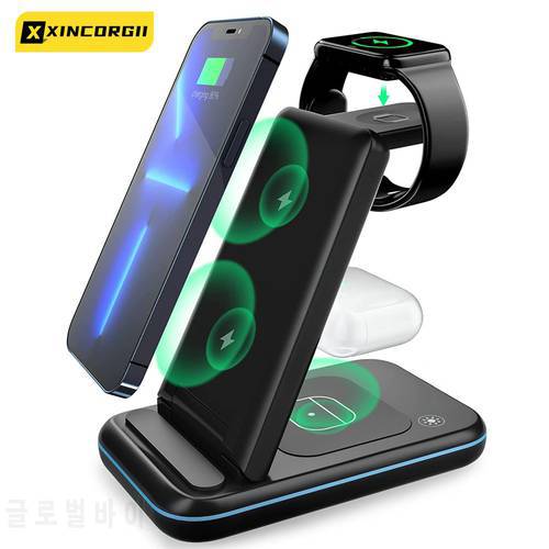 Wireless Charger Stand 15W For IPhone 13 12 11 XR 8 Apple Watch 3 In 1 Qi Fast Charging Dock Station for Airpods Pro IWatch 7 6