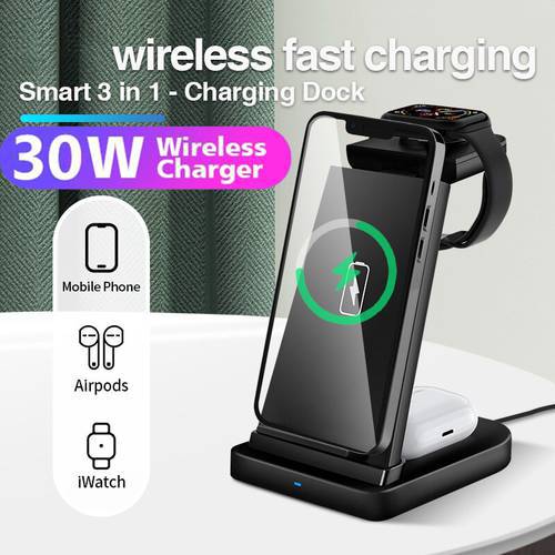 30W Qi Wireless Charging Stand for iPhone 13 12 Pro Mini XS XR Wireless Chargers 3 in 1 for Apple Watch 7 6 Charger Airpods Pro