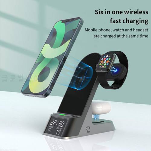 15W 6 In 1 Wireless Charger For Apple AirPods 3 Fast Charging With Alarm Clock Quick Charge Stand For IPhone 13 12 11 XS XR X 8