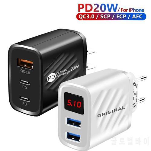 20W USB Charger Digital Display Quick Chargers QC3.0 Wall Charger Adapter Fast Charge For iPhone 12 13 14 Xiaomi Huawei Phone