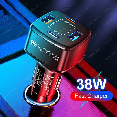 USB C Car Charger 38W PD Fast Charging Cell Phones Adapter For iPhone Samsung Xiaomi Huawei 4 Ports USB Car Charger Quick Charge
