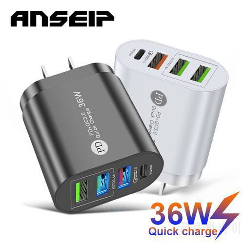 ANSEIP 4 Ports USB Type c charger adapter PD 36W Fast charging QC3.0 for iPhone 13 12 11 Xiaomi Huawei Samsung USB Charger plug