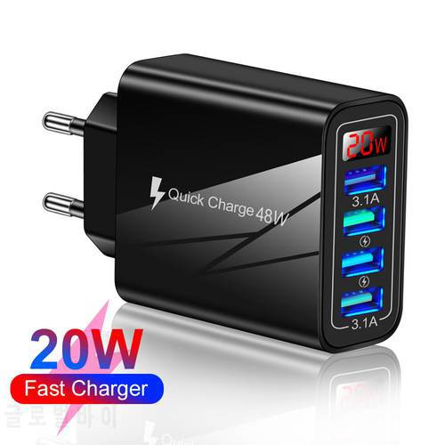 20W USB Fast Charger 4 Ports Quick Charge LED Display For Xiaomi iPhone 13 12 Huawei US EU UK Plug Mobile Phone Charger Adapter