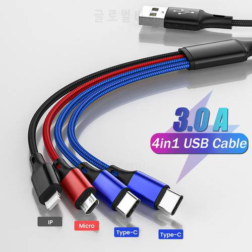 4in1 Micro USB Type C Cable for iPhone 14 13 12 Pro Max XS 3A 3in1 2in1 Charging Cable Micro USB Cable for Huawei Samsung Xiaomi