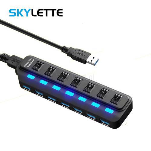 Black 7-port USB 3.0 Hub 60cm Cable Sub-control Switch 5Gbps Super Speed LED Indicator Chargeable Splitter For Multi USB Devices