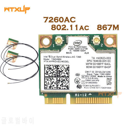 Dual Band Wireless network adapter 7260 Intel 7260AC 7260HMW 2.4G 5G 867Mbps BT4.0 Mini PCIe WiFi Wireless Card with antenna