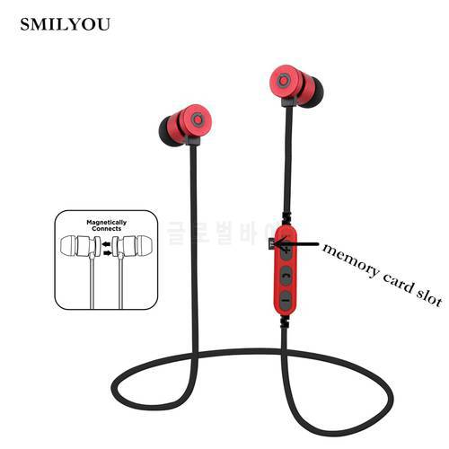 SMILYOU T9 Metal Magnetic Bluetooth 4.2 Earphone Headset Sport Wireless Bluetooth Headset With Microphone TF memory card slot