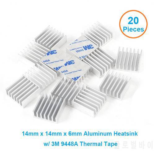 20pcs/lot Aluminum Heatsink 14*14*6mm Electronic Chip Radiator Cooler w/ Thermal Double Sided Adhesive Tape for IC,3D Printer