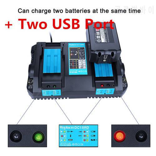 LED light 18V Dual Battery Charger for Makita BL1860 BL1815 BL1830 BL1835 LXT 400 DC18RD Makita 14.4V-18V with USB Port