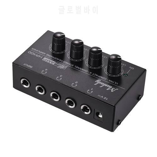 Muslady Headphone Amplifier HA400 Ultra-compact 4 Channels Mini Audio Stereo Headphone Amplifier with Power Adapter