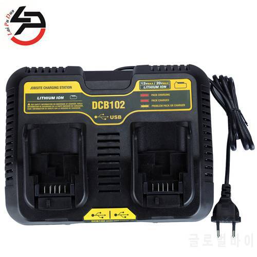 DCB102 Li-ion Battery Double Charger USB Out 5V For DeWalt 10.8V 12V 14.4V 18V DCB101 DCB200 DCB140 DCB105 DCB200