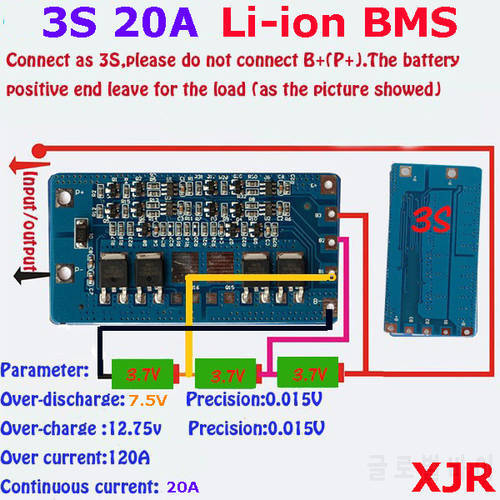 2 PCS a lot 3S 20A lipo lithium Polymer BMS/PCM/PCB battery protection board for 3 Packs 18650 Li-ion Battery Cell