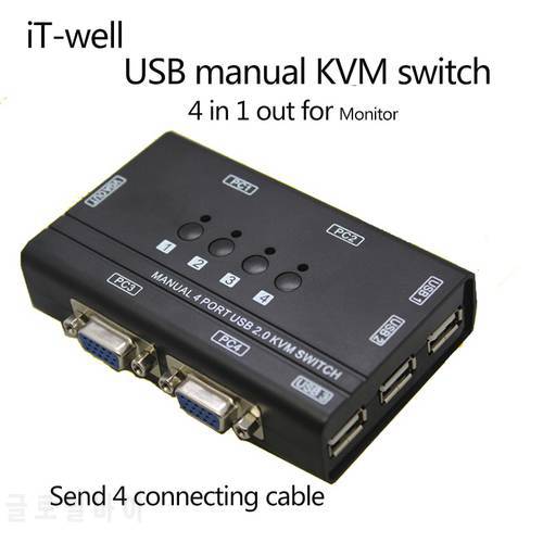 4 Ports KVM Switch Control 4 PC Hosts by 1 Set of USB Keyboard Mouse and VGA Monitor Multi PC Manage Original Cable