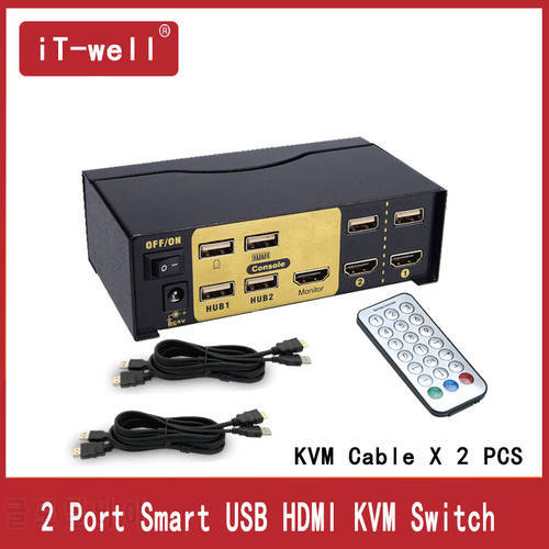USB KVM Switch 2 in 1 out USB HDMi Switcher for Dual Monitor Keyboard Mouse With 2 KVM Cable