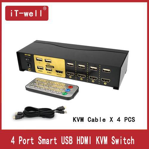kvm switch 4 in 1 out USB HDMI-compatible Switcher for Dual Monitor Keyboard Mouse With 4 KVM Cable