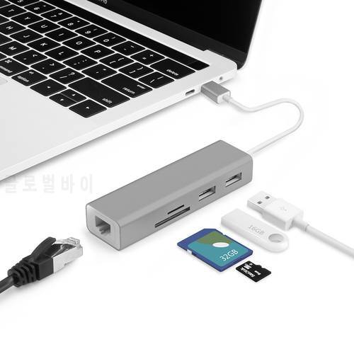 Dual Port USB HUB 2.0 Splitter Data USB C Hub to Gigabit Ethernet LAN Rj45 USB-C Network SD TF Slot for MacBook Pro 13 15 16