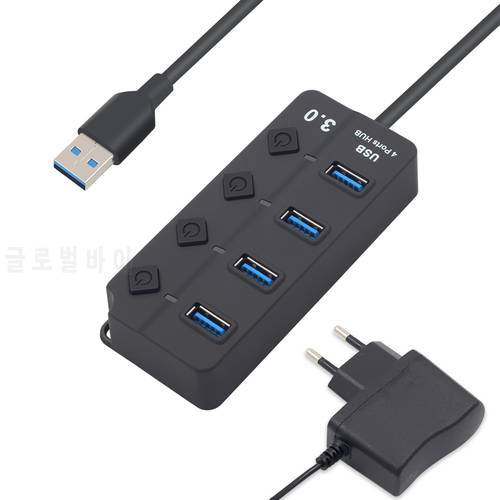 4 Port USB 3.0 Hub 5Gbps with Switch LED Multi USB Splitter Power Adapter US/EU for MacBook Pro Laptop PC Computer Peripherals