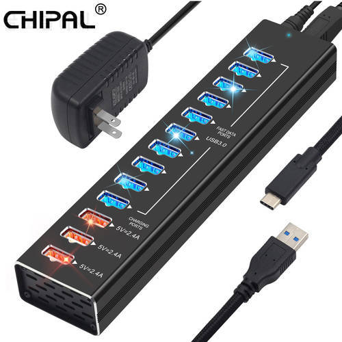 CHIPAL Aluminum 13 Port 5Gbps USB 3.0 Hub Splitter USB 2.0 5V 2.4A Fast Charging with LED Indicator for Macbook Pro PC Laptop