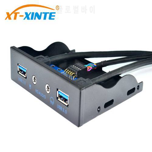 XT-XINTE 19Pin to USB 3.0 Hub HD Audio Earphone Mic Connector 2Ports USB3.0 PC Front Panel Bracket with Cable 3.5