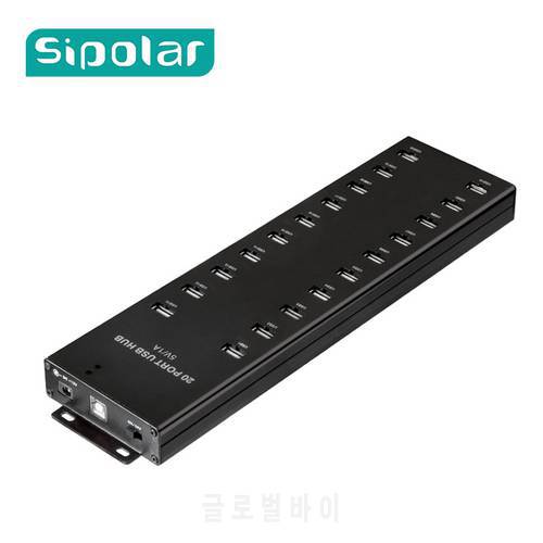 Sipolar multi 20 ports USB 2.0 hub with external 12V 10A desktop power adapter for data syncs and 1A phone tablets charging