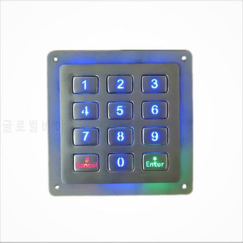 12 keys 4x3 metal backlight stainless steel illuminated numeric keypad,Waterproof Digital LED Vending Machine backlit Keyboard