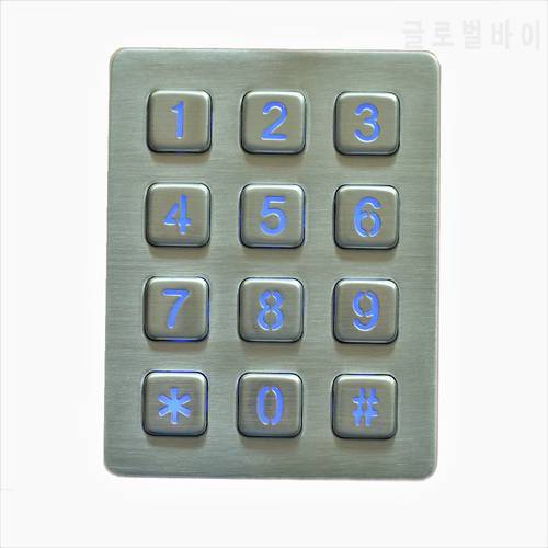 Rugged vandal proof illuminated 12 keys metal numeric keyboard Stainless steel keypad with leds for access control system, kiosk