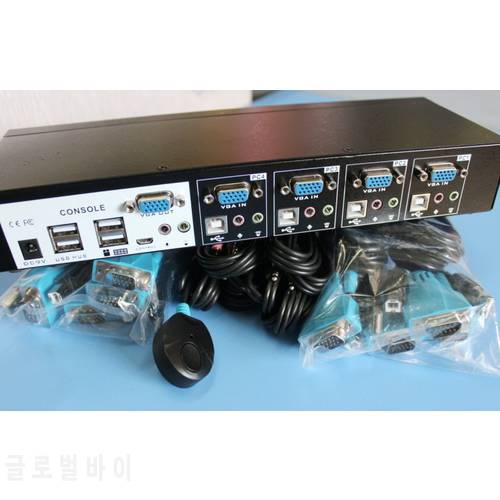 Industrial Grade 4 Port USB VGA AUDIO KVM Switch Console 3.5mm Stereo Microphone with Cables, Button/Hotkey/Desktop, USB HUB