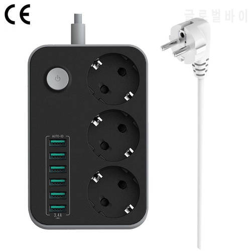 EU RUSSIAN Plug Electric Power Strip Switch 3 Outlets 6 Fast Charging USB Ports Extension Socket 1.5M Cord Cable Surge Protector