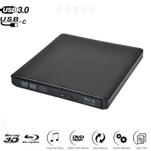External Blu-Ray Drive Slim Type-C+USB 3.0 Bluray Burner BD-RE CD/DVD RW Writer Play Blu-ray Disc for Laptop Notebook PC