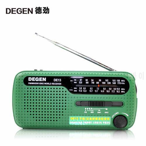 Portable Mini FM Radio Degen DE13 FM MW SW Crank Dynamo Solar Emergency Radio World Receiver with Flashlight