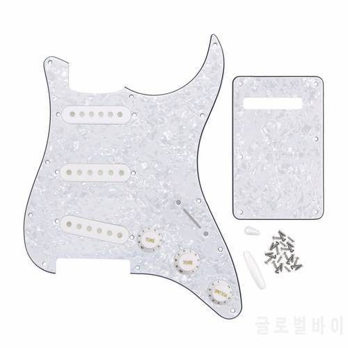 FLEOR White Pearl 11 Holes ST Guitar Pickguard SSS Back Plate Pickup Covers 2T1V Knobs Switch Whammy Bar Tip Guitar Parts