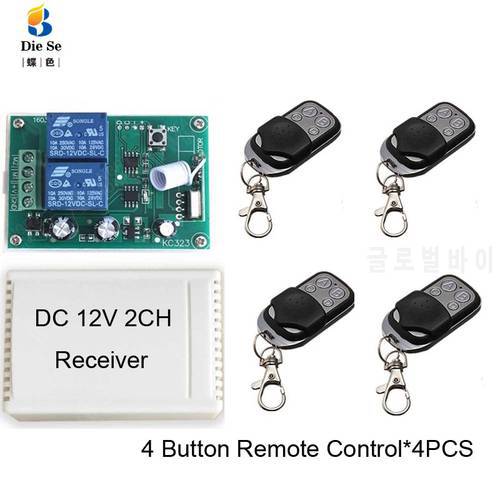 433MHz Universal Wireless Remote Control DC 12V 2CH Relay Receiver Module RF Switch 4 Button Remote Control Gate Garage opener