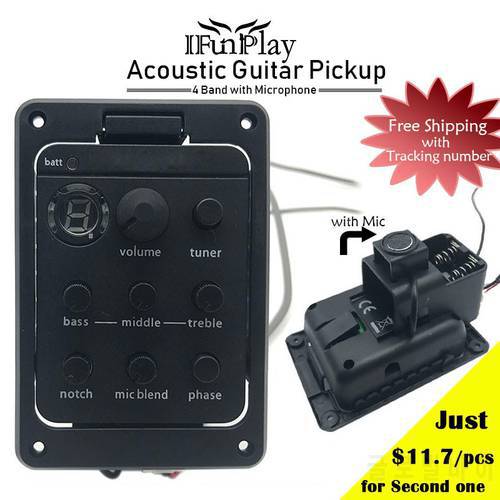 4 Band Acoustic Guitar Pickup Guitar Preamp Equalizer with Tuner Microphone Piezo Endpin Jack Connect Guitar Amplifier Pickup