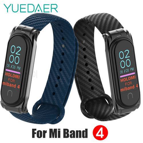 YUEDAER High Quality Mi Band 4 Strap Soft Silicon Carbon Fiber For Xiaomi Mi Band 4 Strap Metal Case Bracelet Miband4 Black Blue