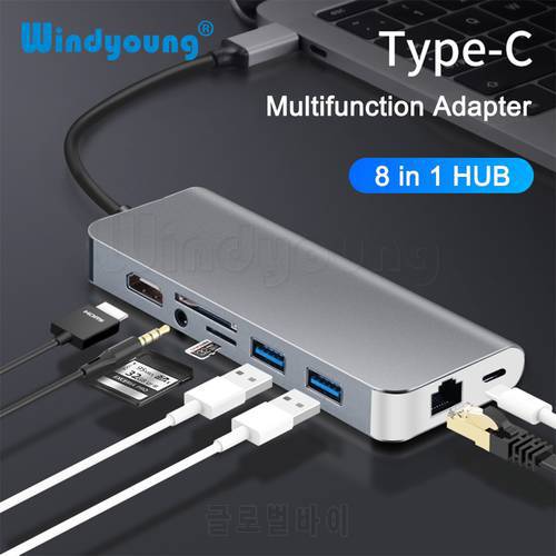 8 in 1 Type C HUB USB-C to HDMI RJ45 Gigabit 3.5mm Audio SD TF Card Reader USB3.0 PD Charging USB-C Adapter Cable for Mac Laptop