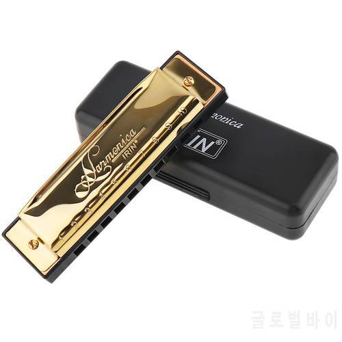 Gold 10 Holes 20 Tone Blues Harmonica Key of C Mouth Organ Musical Instrument with Black Storage Box