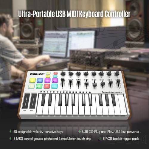 WORLDE Midi Keyboard Midi Controller TUNA 25-Key USB MIDI Keyboard Controller 8 RGB Backlit Trigger Pads with 6.35mm Pedal Jack