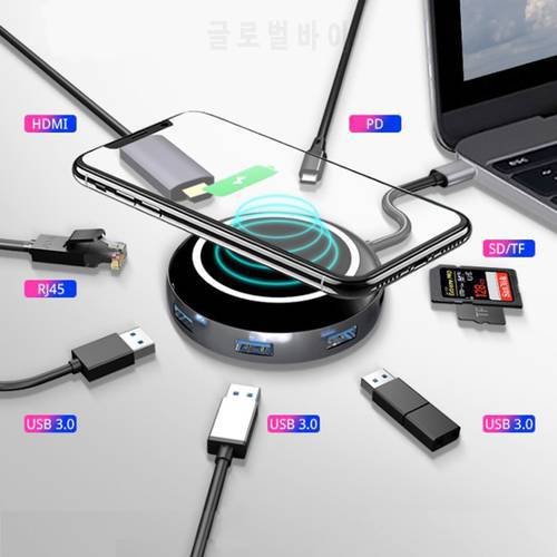 9 in 1 USB 3.1 USB-C Type C Hub to USB 3.0 SD TF RJ45 HDMI Type C PD Charging QI Wireless Charger Adapter for iPhone Macbook